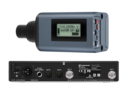 Photos de deux produits : l'émetteur XRL SKP 100 G4 et le récepteur EM 100 G4 de la marque Sennheiser.