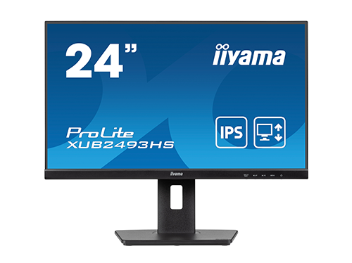 Image présentant l'écran XUB2493HS_B6 de la marque iiyama, montrant que c'est un 24 pouces, IPS avec support réglable.