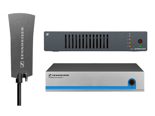 Photos de produits suivant : l'antenne 1031, le combinateur d'antenne AC 41 et le splitter ASA 1 de la marque Sennheiser