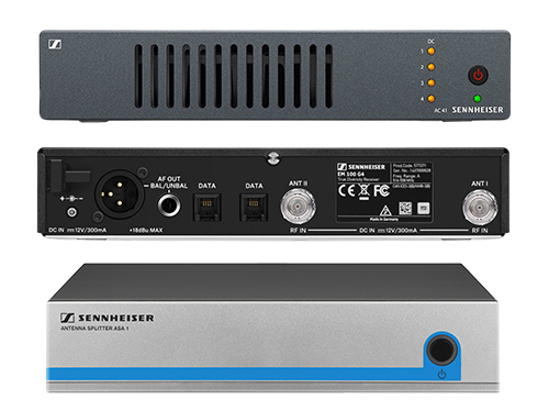 Photos des produits suivant : un coupleur d'antenne active AC41, un splitter ASA1 et un récepteur EM100-G4 de la marque Sennheiser