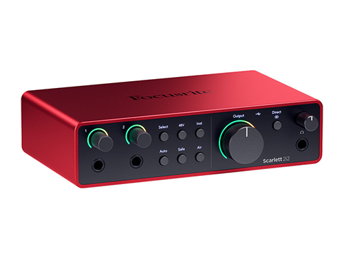 Photo produit de la carte son Scarlett 2i2 de la marque Focusrite. Image sur fond blanc.