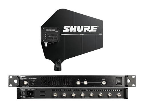 Photo des produits suivants : combineur d'antenne PA821B et l'antenne directionnelle active UA874 de la marque SHURE.